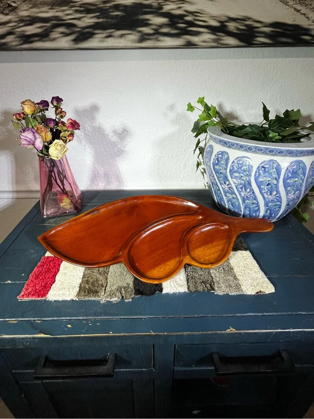 Vintage MCM Monkey Pod Wood Serving Tray 3 Compartment Snack Dish
